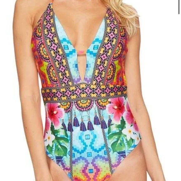 2/$50 Nanette Lepore Multi Color Keyhole Plunging Neckline One Piece Swimsuit - Picture 1 of 11